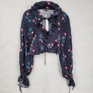 For Love & Lemons Blouse Womens XXS Navy Floral Polka Dot Ruffle Long Sleeve Top